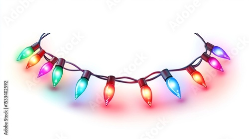 Festive Multicolored Christmas String Lights on White Background: Holiday Illumination Decor