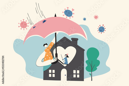 Coronavirus Stay home Stay safe, people stay at home to protect from COVID-19 Coronavirus spreading concept, woman reading book safely at home with house holding umbrella protect from virus pathogen.