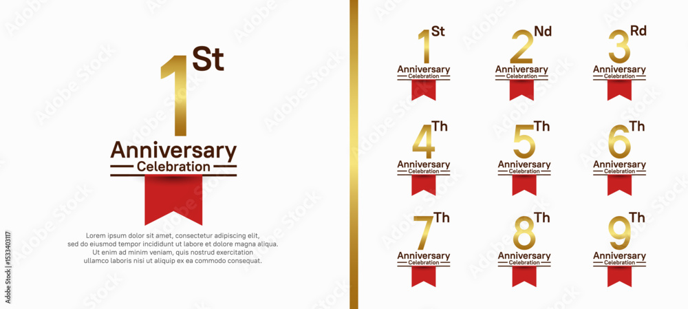 Fototapeta premium set of anniversary logo style with red ribbon. vector design gold color for celebration