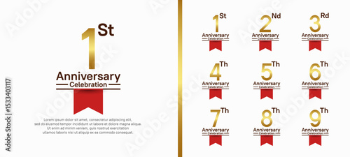set of anniversary logo style with red ribbon. vector design gold color for celebration