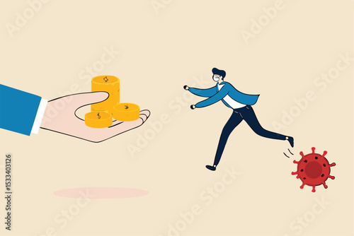 Business help, government economic stimulus package in COVID-19 Coronavirus financial crisis concept, businessman with protective mask chain with virus pathogen running to get money from helping hand.