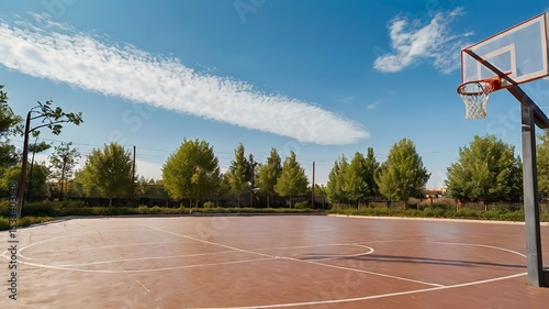 Basketball court under clear blue sky in outdoor sports.