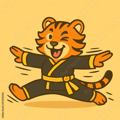 A cartoon tiger sliding in kung fu splits, paws extended like blades, wearing a black-and-gold outfit. Tongue out, winking, motion lines. Bright background.