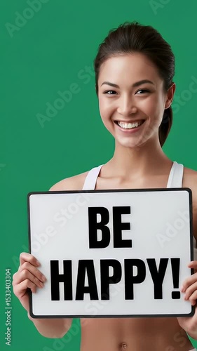 Smiling Woman Holding Sign with Motivation on Green Background