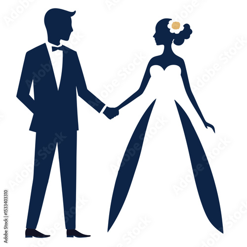 Elegant silhouette of bride and groom holding hands