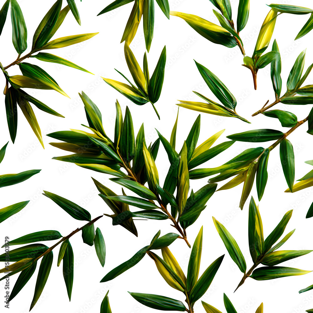 Fototapeta premium Scattered bamboo leaves, elongated and sharp, green with yellowish undertones, scattered naturally on a clean white backdrop, no shadows.