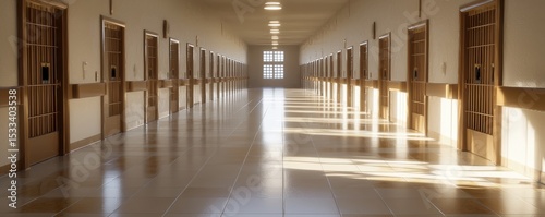 A long corridor with sunlight illuminating the prison cell doors, creating dramatic shadows.