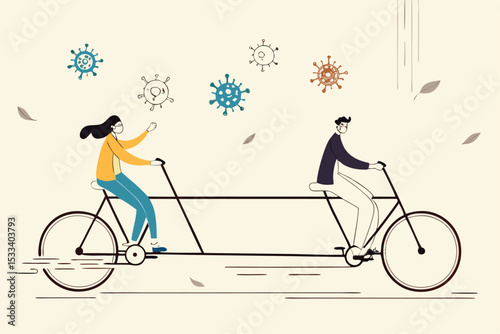 Social distancing, people keep distance in public to protect from COVID-19 Coronavirus outbreak spreading concept, couple man and woman keep distance away on tandem bicycle with Coronavirus pathogens.