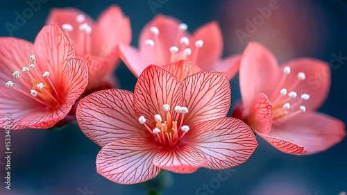 Elegant close-up of delicate coral flowers with intricate venation against a deep blue background