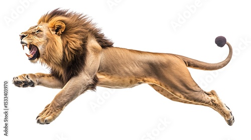 A male lion isolated on white background with jumping