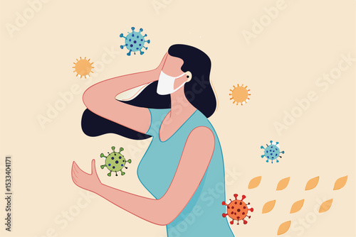 Mental wellness in Coronavirus COVID-19 pandemic, loneliness quarantine causing anxiety and emotional stressed concept, depressed struggle woman wearing protective face mask with Coronavirus pathogen.
