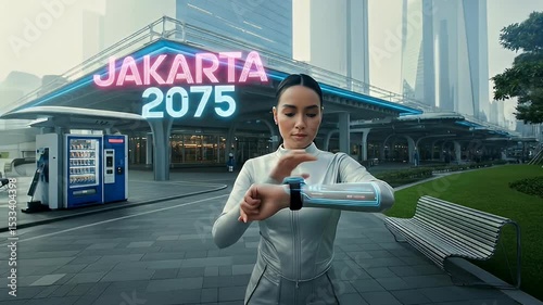 Woman Checking Futuristic Watch in Modern City Environment