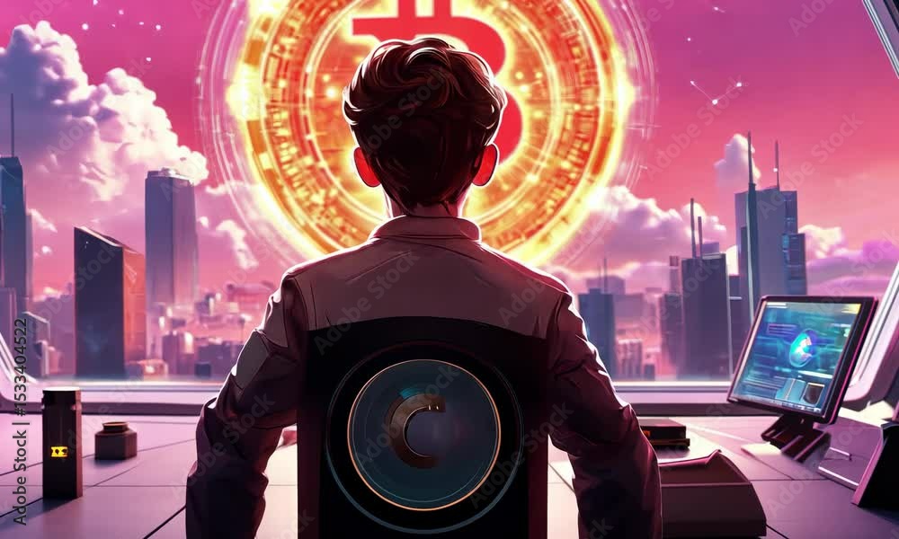 A futuristic vision of a young person, gazing at a city skyline with a large, glowing cryptocurrency symbol in the background.  A technologically advanced, sleek interior setting surrounds them