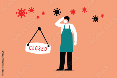 Coronavirus COVID-19 social distancing impact on entrepreneur or small business shop to closed with problem of employment, sad man business shop owner with closed sign and COVID-19 virus pathogen.