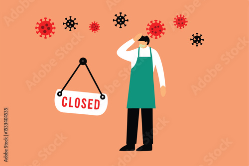 Coronavirus COVID-19 social distancing impact on entrepreneur or small business shop to closed with problem of employment, sad man business shop owner with closed sign and COVID-19 virus pathogen.