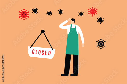 Coronavirus COVID-19 social distancing impact on entrepreneur or small business shop to closed with problem of employment, sad man business shop owner with closed sign and COVID-19 virus pathogen.
