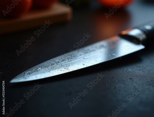 Ultra-detailed close-up of a sharp chef knife, reflecting ambient light, dramatic shadows, high-resolution rendering