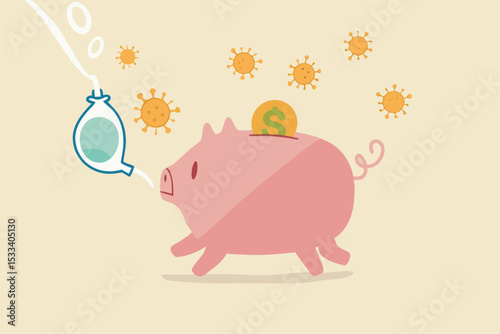 Coronavirus COVID-19 crash causing economic recession, global economics critical impact from Coronavirus outbreak concept, sick piggy bank in critical put on ventilator with COVID-19 virus pathogen.
