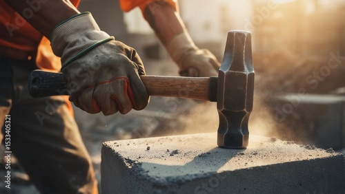 Closeup of a Worker Hammering Concrete Block.