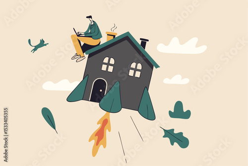 Boost productivity working from home, motivation to increase efficiency working at home in COVID-19 lock down concept, productive man worker using computer laptop on flying house with rocket booster.