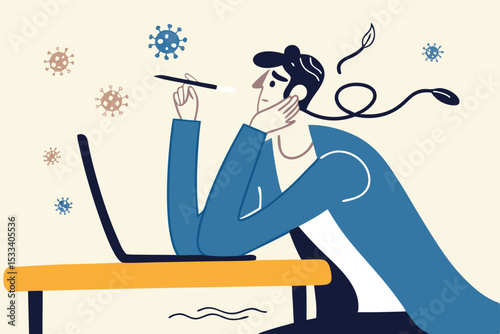 Coronavirus COVID-19 working at home and exhausted or burn out, low morale during social distancing quarantine or self isolation concept, boring and exhausted and low battery man working at home.