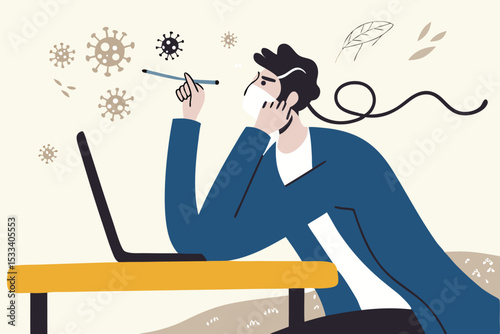 Coronavirus COVID-19 working at home and exhausted or burn out, low morale during social distancing quarantine or self isolation concept, boring and exhausted and low battery man working at home.