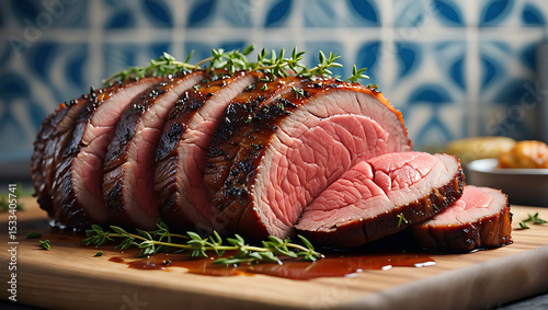 Delicious sliced roast beef with thyme and pan sauce on wooden board photo