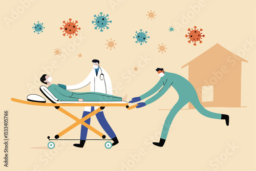 Emergency case for Coronavirus critical patient concept, doctor with medical team riding bed with critical Coronavirus COVID-19 pneumonia patient to emergency room with extra treatment, virus pathogen