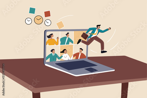 Ending COVID-19 lockdown, people back to work in the office, end remote working and return to work face to face concept, businessman jumping from remote video call running back to work in the office.