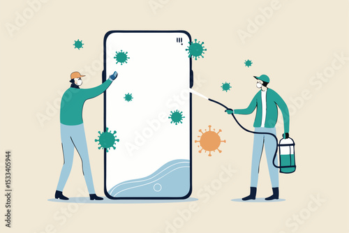 Coronavirus prevention clean your phone, sanitize smartphone and disinfect COVID-19 Coronavirus concept, medical and cleaning service worker with full protective gear sanitize and disinfect cellphone.