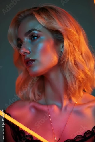 Woman Portrait Glowing in Neon Light Close Up