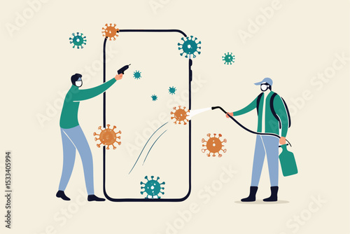 Coronavirus prevention clean your phone, sanitize smartphone and disinfect COVID-19 Coronavirus concept, medical and cleaning service worker with full protective gear sanitize and disinfect cellphone.