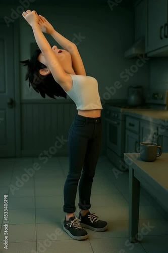 Woman Stretching and Yawning After Waking Up Indoor Scene