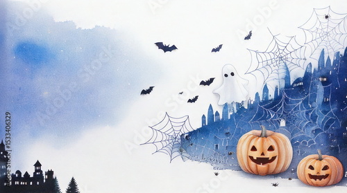 Watercolor Illustration of Jack-o'-Lantern Pumpkins, Flying Ghosts and Bats for Halloween Celebration
