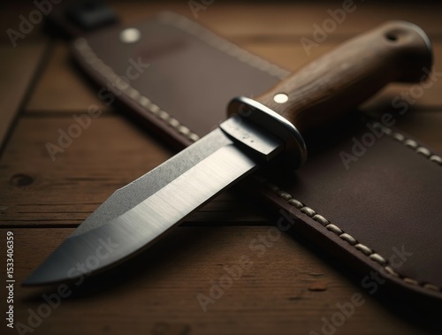 Macro photography of a hunting knife with textured handle, placed on wooden background, cinematic lighting