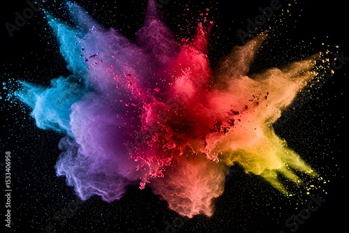 A vibrant explosion of colorful powder in shades of blue, purple, red, orange, and yellow against a black background, Explosion of colored powder on black background, wallpaper
