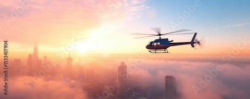 Helicopter flight above city sunrise