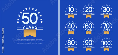 set of anniversary logo style with gold ribbon. vector design white color for celebration
