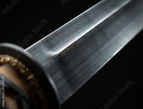 Traditional Japanese katana blade, extreme close-up of folded steel layers, historical aesthetics