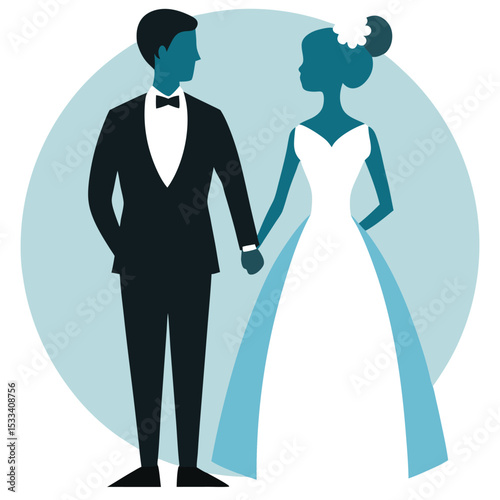 Elegant silhouette of bride and groom holding hands