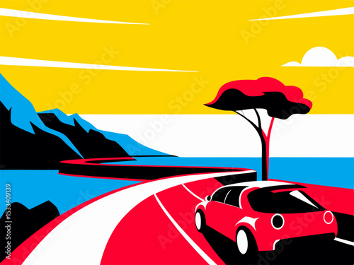 Red Car on Coastal Road, Scenic Drive, Summer Vacation