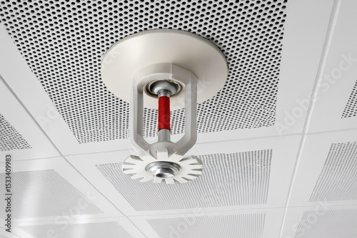 Ceiling Fire Sprinkler: Close-up view of a fire sprinkler head mounted on a ceiling tile, a crucial component of building safety systems.