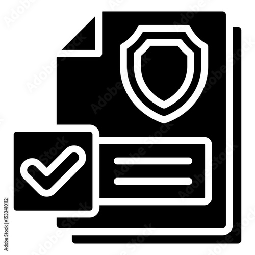 Security Certification Glyph Black Fill Silhouette - Document with shield and checkmark, representing approval of safety or security protocols