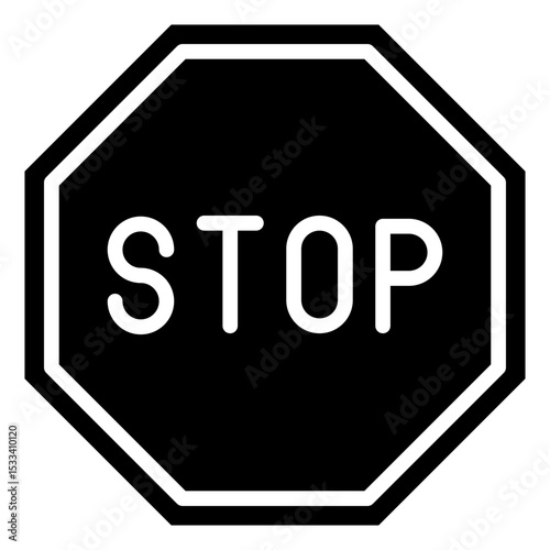Stop Sign Glyph Black Fill Silhouette - Octagonal stop sign, representing critical safety alerts or operational halts