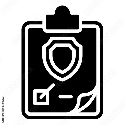 Security Protocol Glyph Black Fill Silhouette - Shield clipboard with checkmark and data fields, representing data protection and safety policies