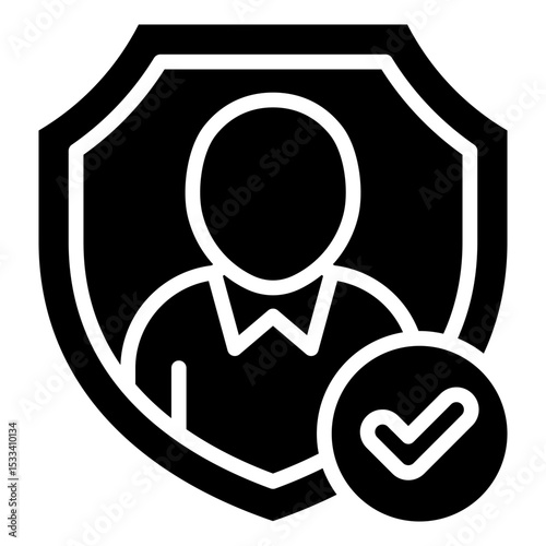 Authorized Security Glyph Black Fill Silhouette - Shielded profile with checkmark, representing authorized safety personnel or verified officer credentials