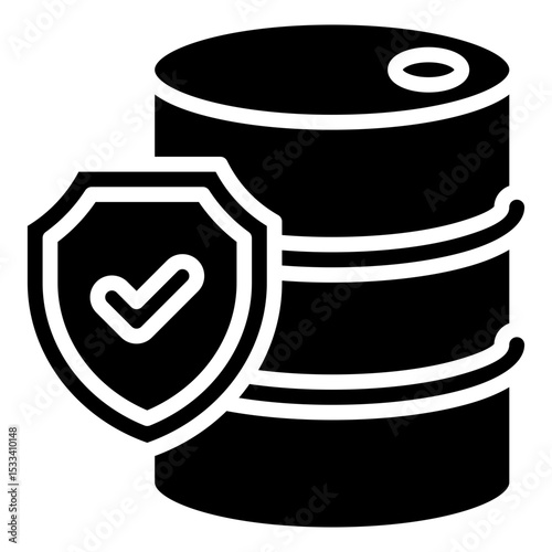 Chemical Safety Glyph Black Fill Silhouette - Barrel with shield, representing chemical or hazardous material protection and containment