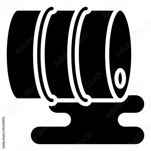 Chemical Spill Glyph Black Fill Silhouette - Leaking barrel symbolizing hazardous material spill and the need for safety containment
