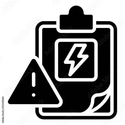 Electrical Warning Glyph Black Fill Silhouette - Clipboard with lightning bolt and warning sign, representing high-voltage risk awareness and safety procedures