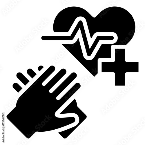 CPR Action Glyph Black Fill Silhouette - Hands performing CPR on a heart with heartbeat and medical cross symbol, representing emergency life-saving procedure